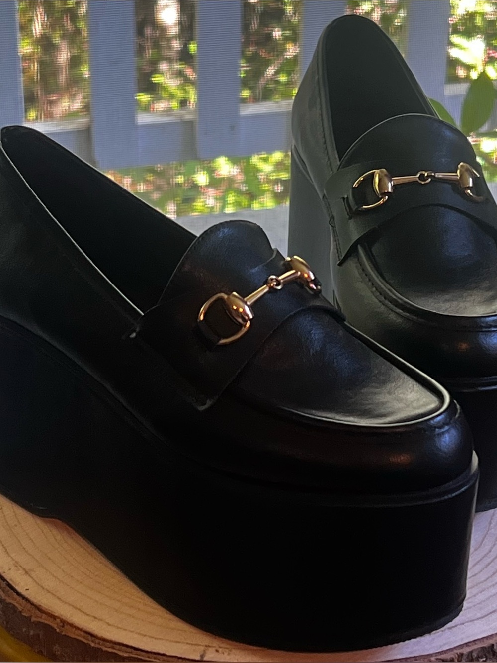 ShoeDazzle Roxi Black High 3.75” Platform Loafers Wedge Size 8